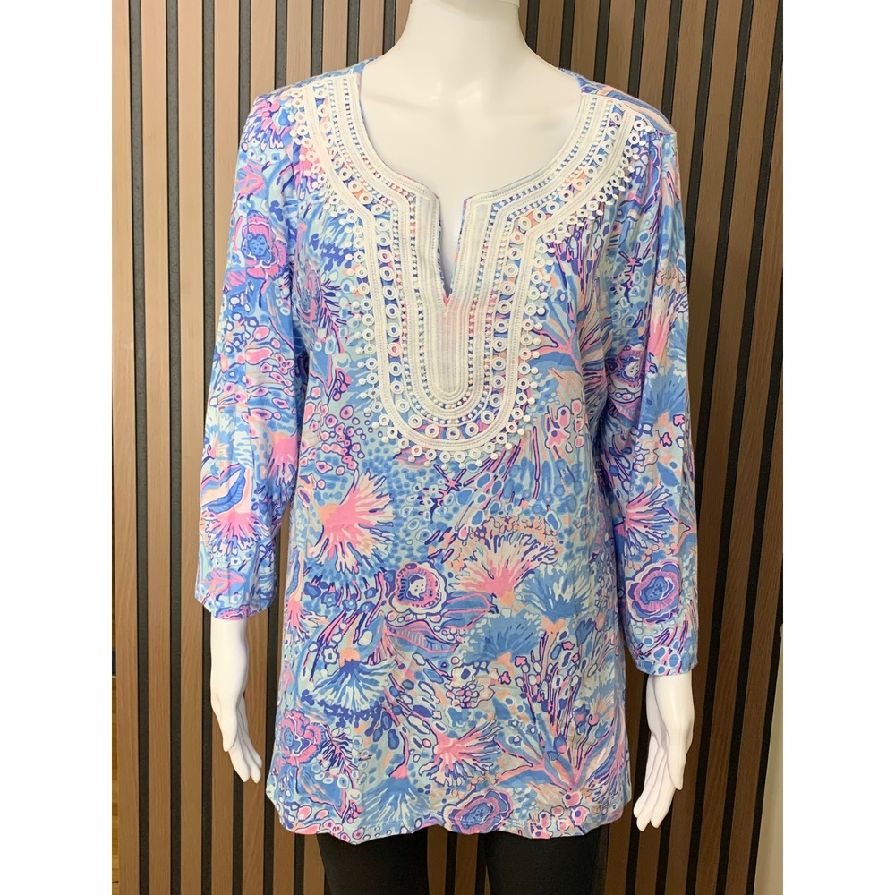 Talbots Women's Coral Reef Tunic Top Blue Pink Lace Trim Pima Cotton Modal L